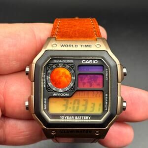 Casio Mod AE1200WH-5AV Mars Horizon World Time Digital Watch Leather Straps NIB